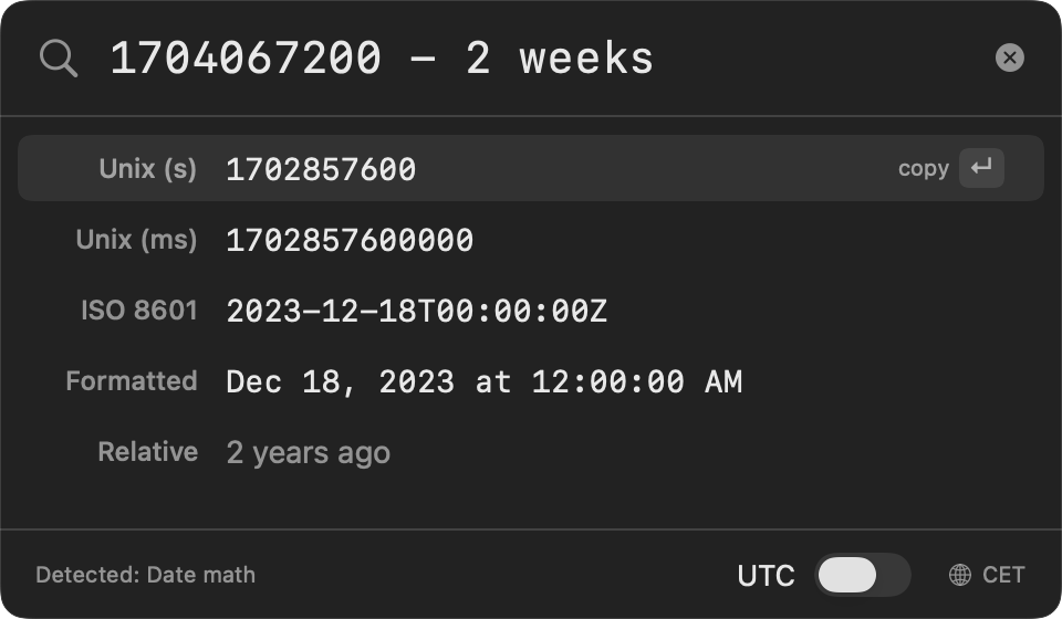 Tiempo converter showing date math